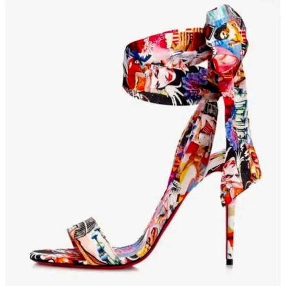 CHRISTIAN LOUBOUTIN Sandale du Désert Mixed-Print High-Heel Lace Up Sandal 37.5 - Picture 3 of 4